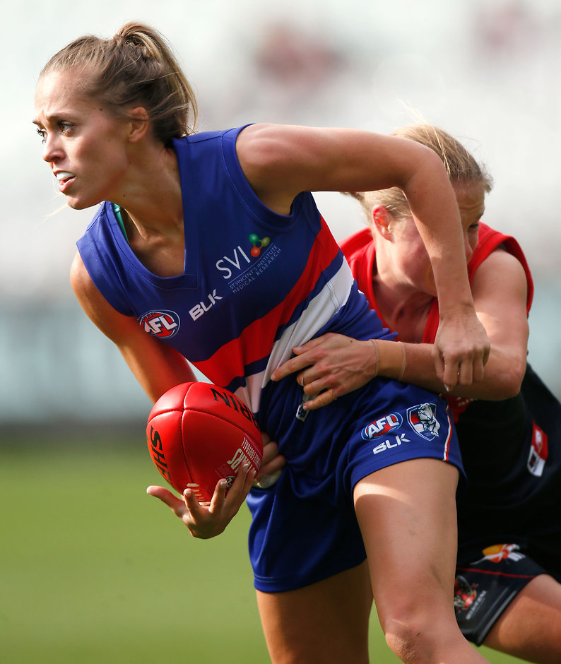 AFL 2015 Media - Melbourne v Western Bulldogs Womens Match Kaitlyn Ashmore of the Bulldogs in action during the 2015 AFL Womens match between the Melbourne Demons and the Western Bulldogs at the MCG, Melbourne on May 24, 2015. (Photo: Michael Willson/AFL Media)